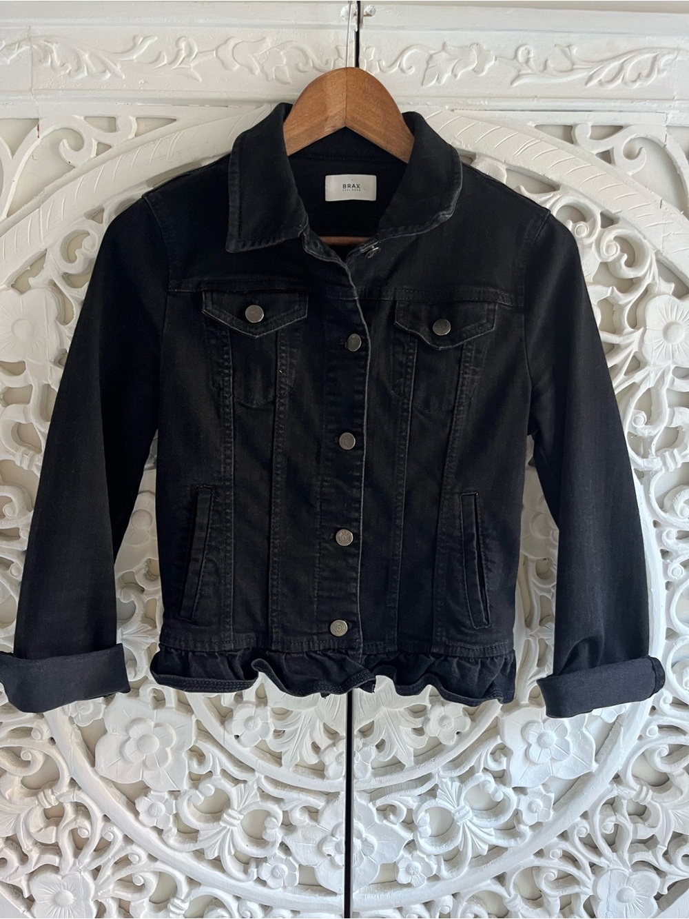 Brax Feel Good Miami Black Denim Jacket Ruffle Hem Stretch Women’s 6
